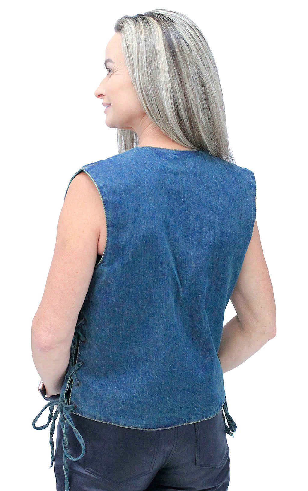 Women's Blue Denim Side Lace Biker Vest #VLC40012LU