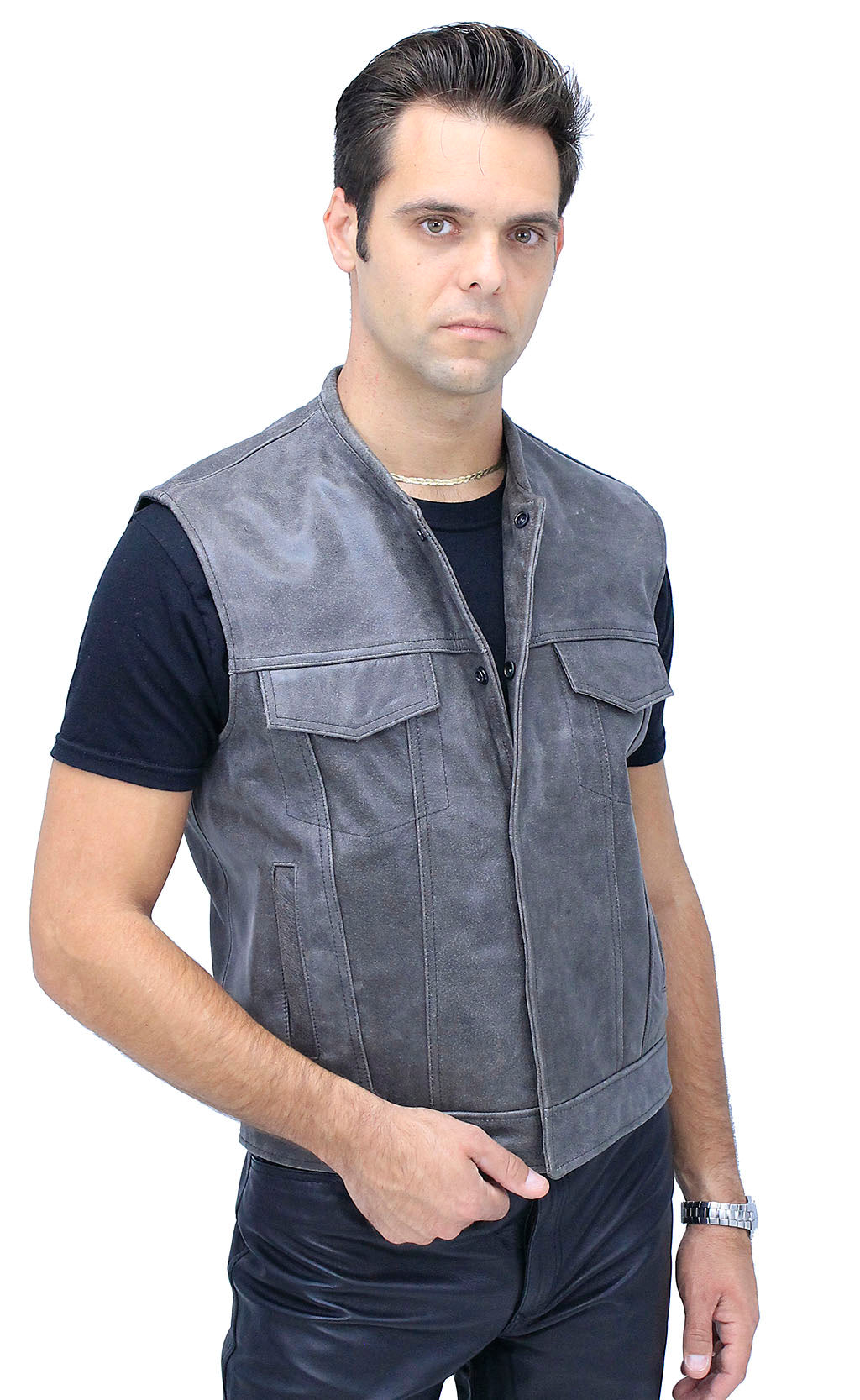 Distressed Leather Club Vest w/Concealed Pockets #VM1016N ()