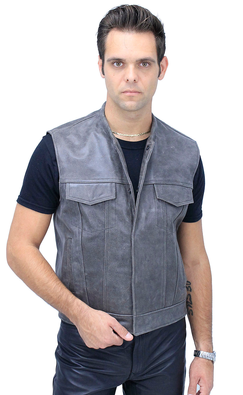 Distressed Leather Club Vest w/Concealed Pockets #VM1016N ()