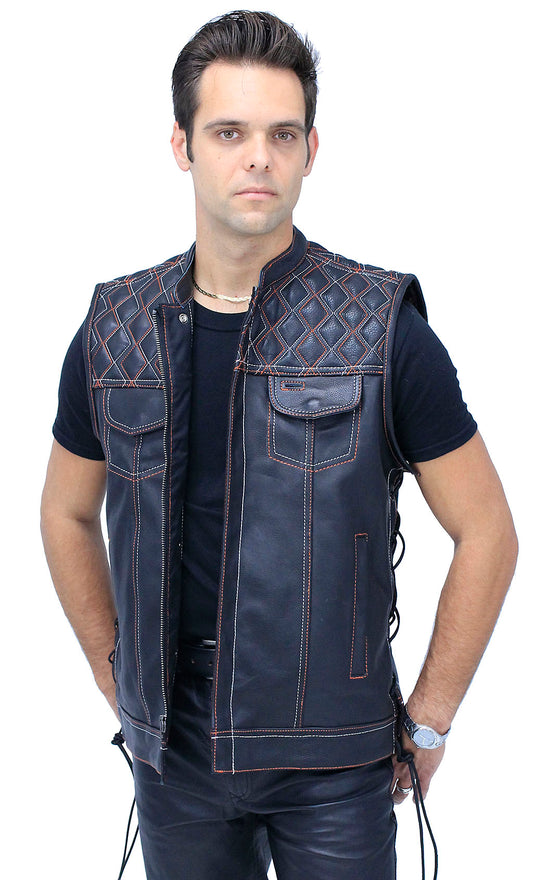 Orange/White Stitched Leather Side Lace Club Vest w/Easy Access Pocket #VM6400GLOW