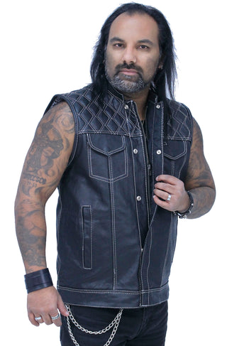 Easy Access Leather Club Vest with White Stitch Quilting #VM6408QW