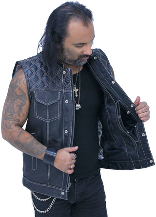 Easy Access Leather Club Vest with White Stitch Quilting #VM6408QW