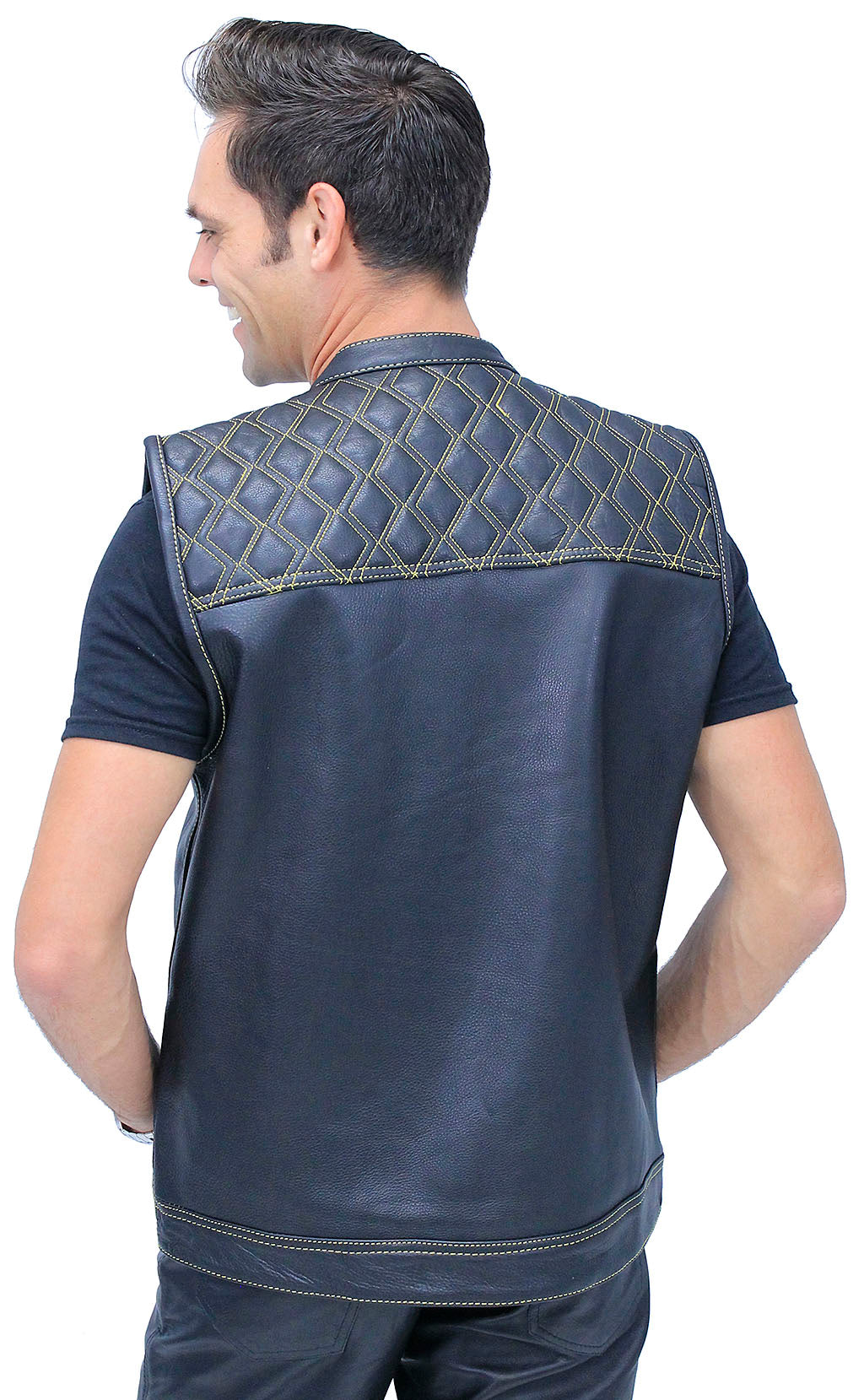 Easy Access Leather Club Vest with Yellow Stitched Quilting #VM6409Y