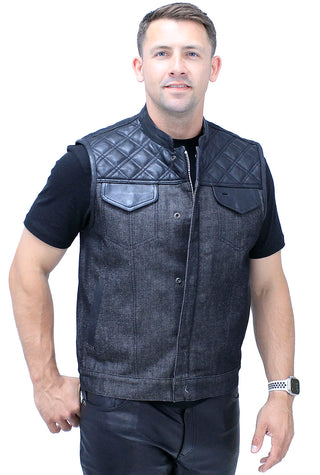 Black Denim Leather Quilt Concealed Pockets Club Vest #VM6676DGQK