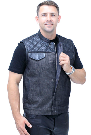Black Denim Leather Quilt Concealed Pockets Club Vest #VM6676DGQK