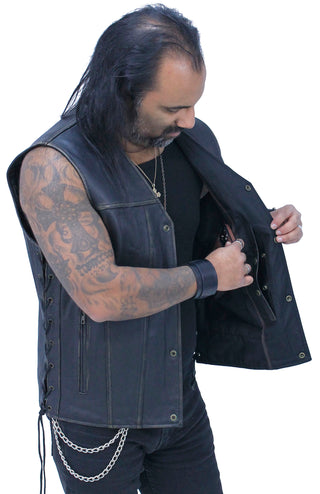 Vintage Brown Side Lace Concealed Pocket Straight Bottom Vest #VMA2612GN ()