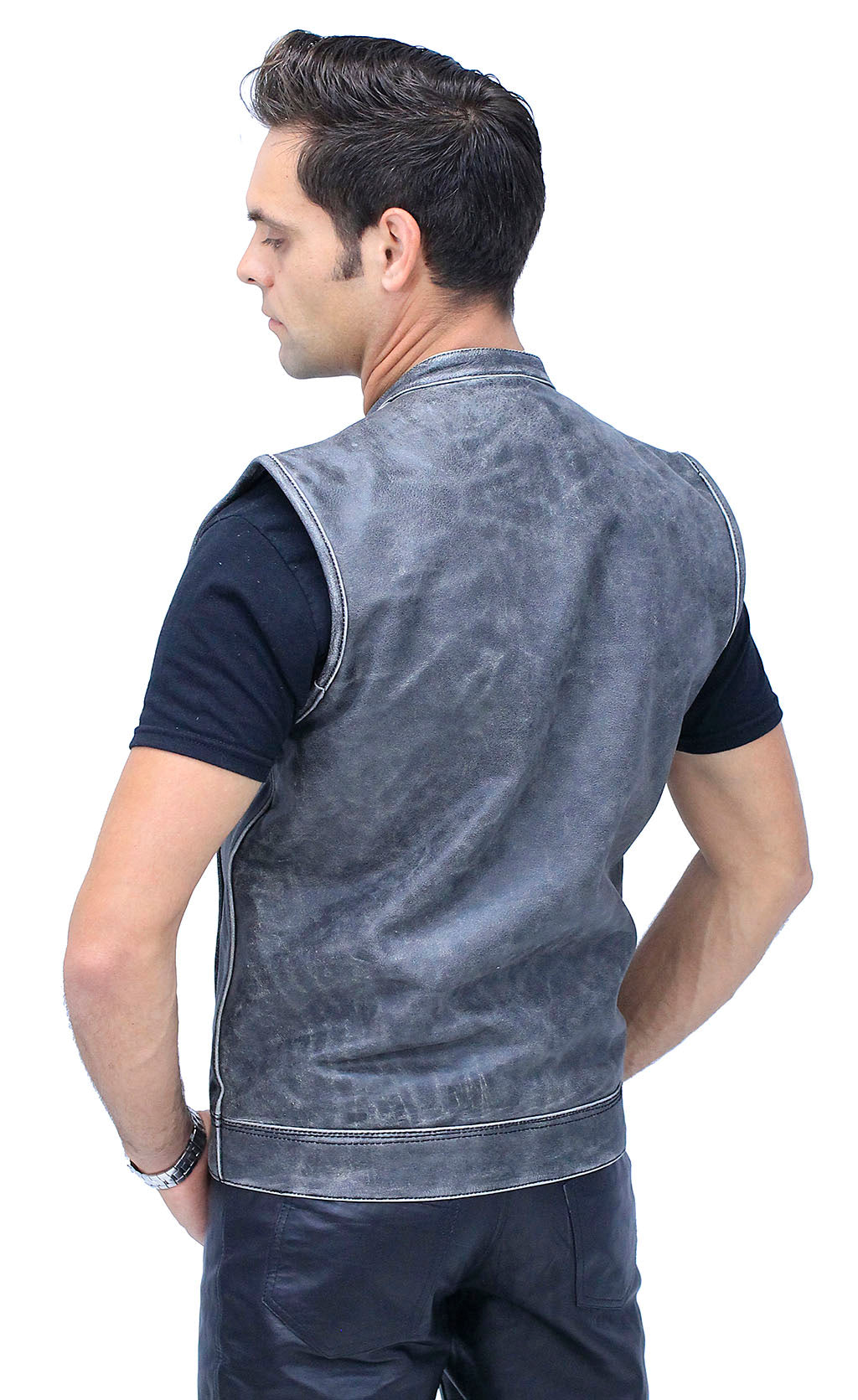 Vintage Gray Leather Concealed Pocket Club Vest #VMA6402ZGY