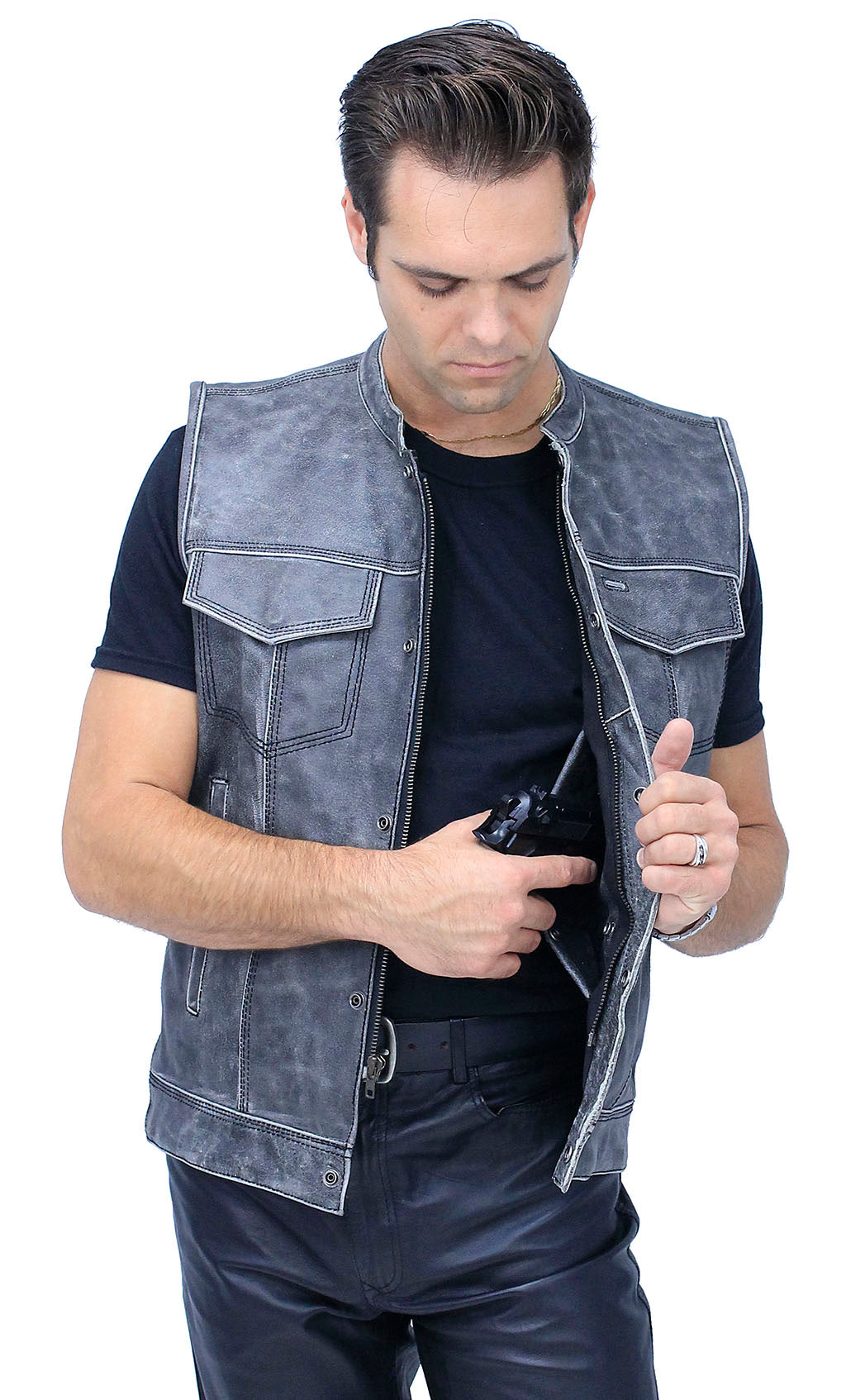 Vintage Gray Leather Concealed Pocket Club Vest #VMA6402ZGY