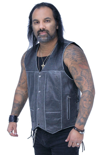 Vintage Gray Leather Side Lace 10 Pocket Vest #VMA964GLGY