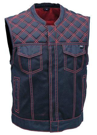 Men's Red Stitched Quilted Moto Mesh Club Vest #VMC6536QVR