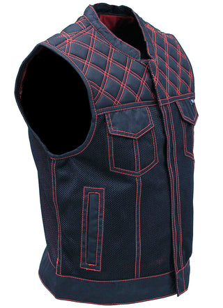 Men's Red Stitched Quilted Moto Mesh Club Vest #VMC6536QVR