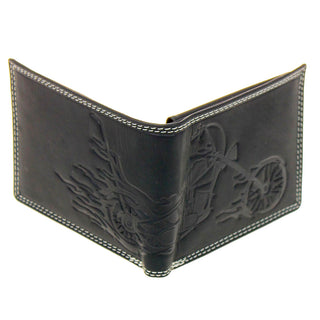 Embossed Flaming Motorcycle Black Bifold Leather RFID Wallet #WB070MCKID