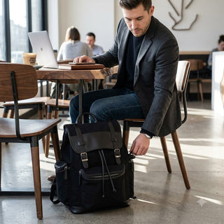 Bellino Drake Large Black Canvas and Leather Backpack with Drawstring #BP402K