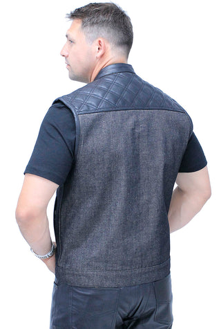 Black Denim Leather Quilt Concealed Pockets Club Vest #VM6676DGQK - MENS VEST