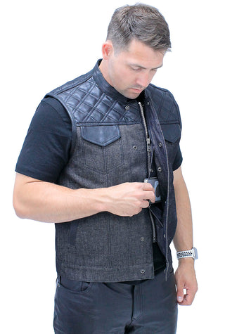 Black Denim Leather Quilt Concealed Pockets Club Vest #VM6676DGQK - MENS VEST