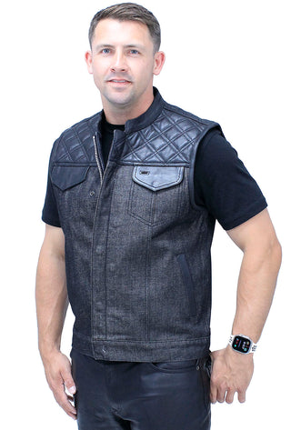 Black Denim Leather Quilt Concealed Pockets Club Vest #VM6676DGQK - MENS VEST