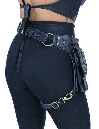 Black Heavy Leather Multi-D-Ring Thigh Bag Waistbag #TB70150DK