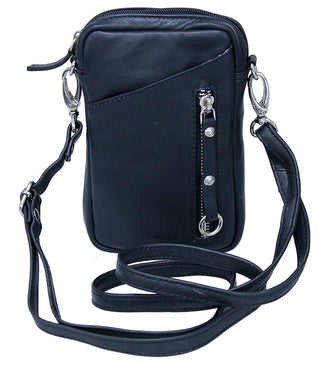 Black Leather 4 x 7 Cross Body Cell Phone Pouch #ACP27K