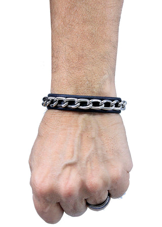 Black Leather & Chain Narrow Wristband #WB25580CS