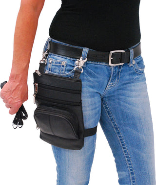 Black Leather Side Purse Thigh Bag & Hip Clip Pouch #TB830K