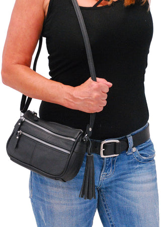 (d) Black Leather Tassel Purse Silver Zippers #P5090TK