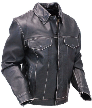 Black Vintage Leather Jean Jacket with Concealed Pockets #MA6643K (S-5X)