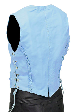 Blue Braid Trim Side Lace Leather Vest #VL2215BU (M-L)