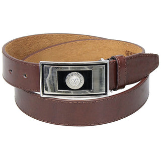 Wide Brown Dress Belt with Rectangular Chrome Buckle #BT2030N -