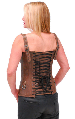 (d) Brown Long Body 6 Buckle Leather Corset w/Boning #LH1319BUCN
