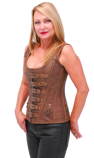 (d) Brown Long Body 6 Buckle Leather Corset w/Boning #LH1319BUCN
