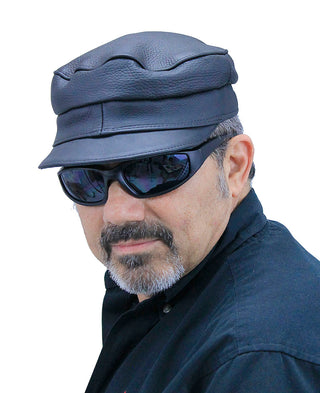 Classic Biker Leather Cap for Men & Women Adjustable Black Cowhide #H127