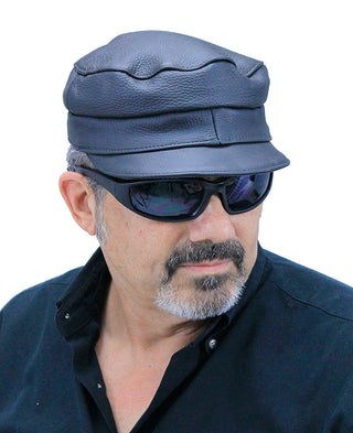 Classic Biker Leather Cap for Men & Women Adjustable Black Cowhide #H127