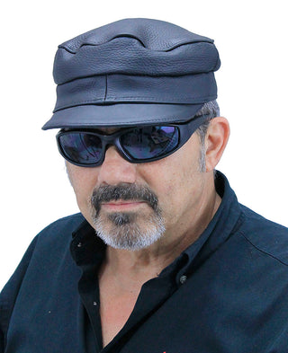 Classic Biker Leather Cap for Men & Women Adjustable Black Cowhide #H127