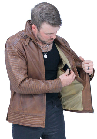 Distressed Brown Leather Ribbed Trim Jacket Butterfly Collar #MA1992GN