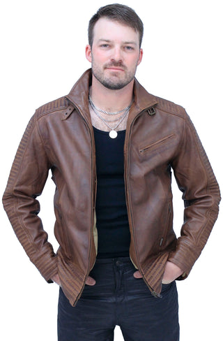 Distressed Brown Leather Ribbed Trim Jacket Butterfly Collar #MA1992GN