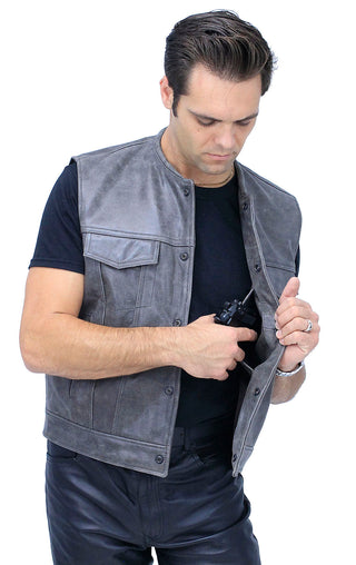 Distressed Leather Club Vest w/Concealed Pockets #VM1016N (M-4X)