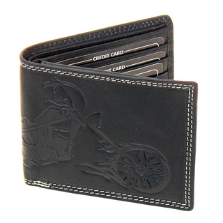Embossed Flaming Motorcycle Black Bifold Leather RFID Wallet #WB070MCKID