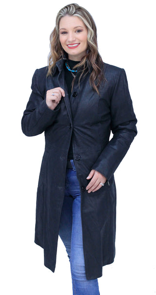 Extra Long Button Down Lambskin Leather Coat for Women #L1401398ZK
