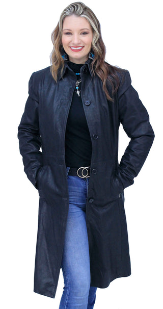 Extra Long Button Down Lambskin Leather Coat for Women #L1401398ZK