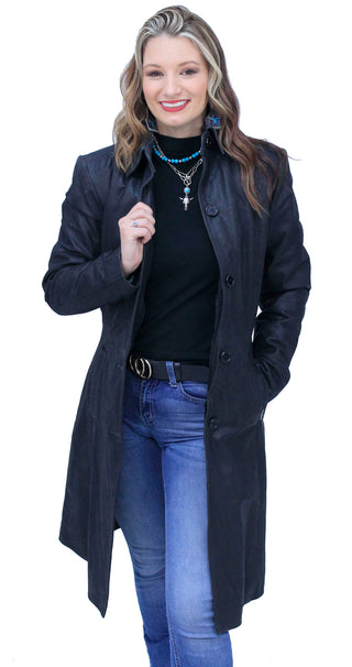 Extra Long Button Down Lambskin Leather Coat for Women #L1401398ZK