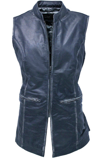 Extra Long Vintage Black Genuine Leather Zip Vest #VLA20091ZK (S-5X)