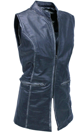 Extra Long Vintage Black Genuine Leather Zip Vest #VLA20091ZK (S-5X)