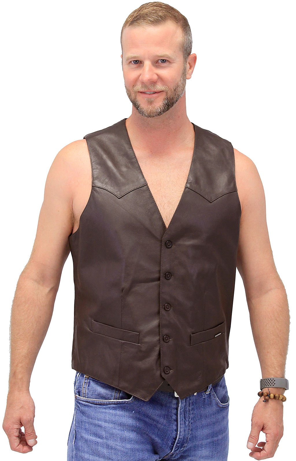 Premium Brown Button Down Lambskin Leather Vest for Men #VM504BTN (42-50)