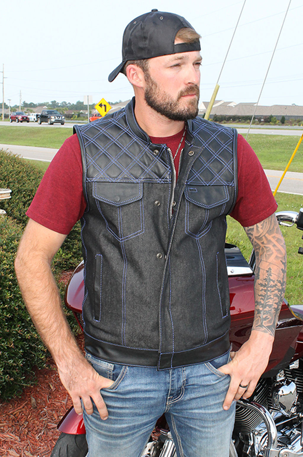 Blue Stitch Denim Leather Quilt Concealed Pocket Vest #VM6680DGQU