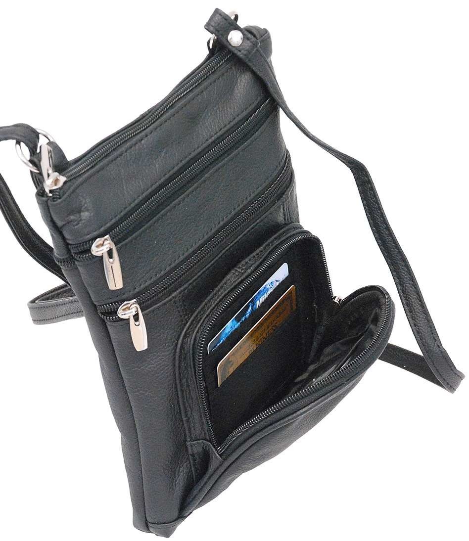 black leather crossbody travel bag 9'' Large Black Leather Side Bag Purse w/Organizer Front Pocket #P004K