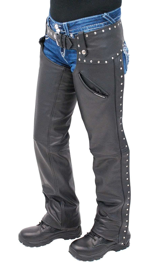 Women's Low Rise Premium Leather Studded Pocket Chaps #CL2801PR (L-XL)