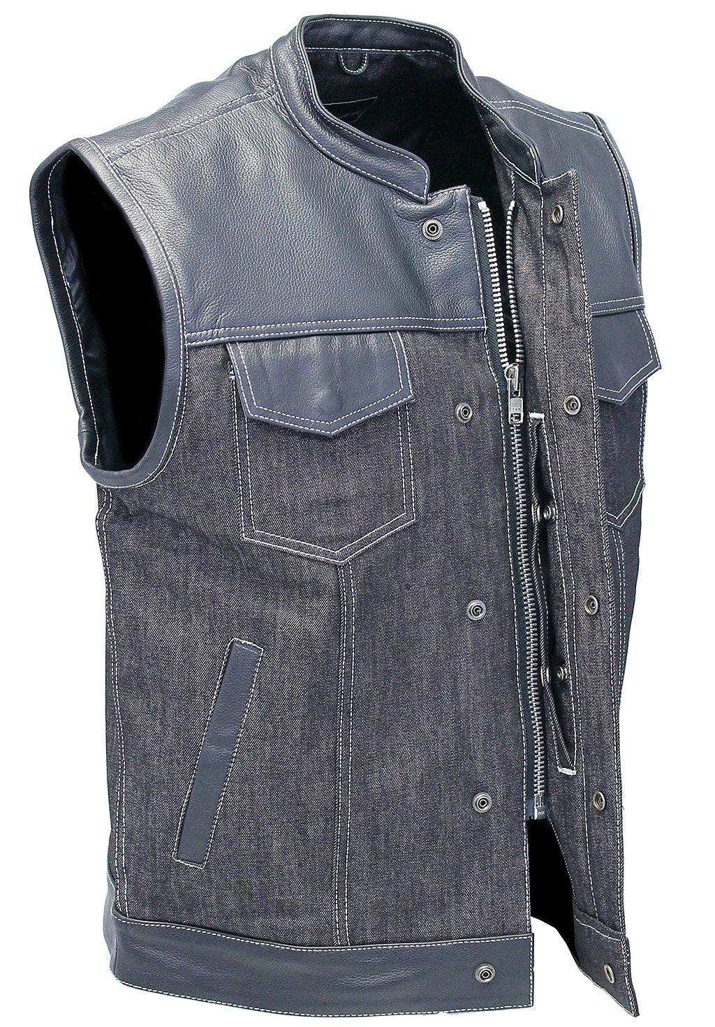 Men's Leather and Denim Gray Stitch Club Vest w/Concealed #VMC912GWK