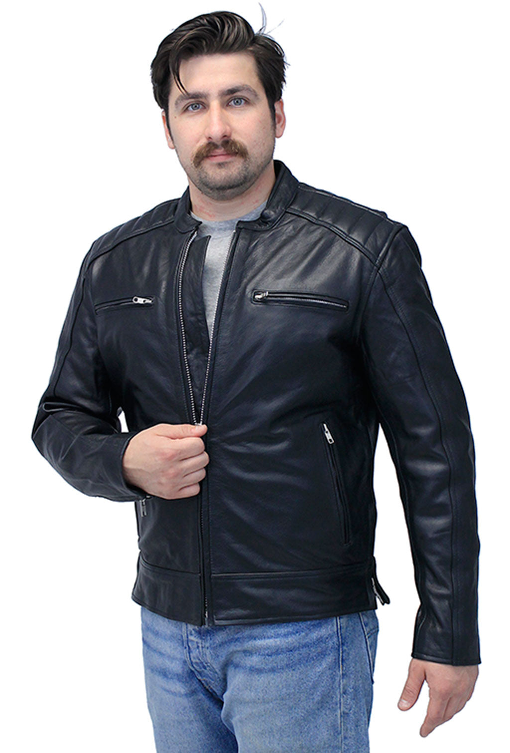 Men's Ribbed Shoulder Leather Motorcycle Jacket #M5760GQZK