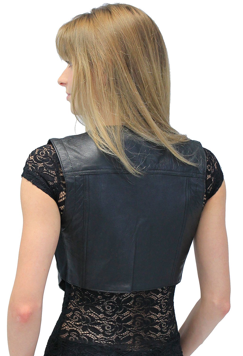 Snap-Up Jean Style Black Leather Crop Vest #VL1110CK (L-2X)