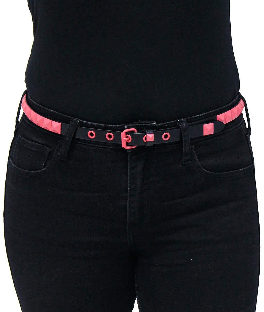 Narrow Pink Pyramid Studded Leather Belt - SPECIAL #BTBY138PP